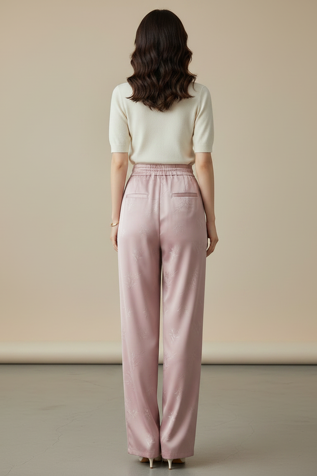 Pantalon Chinois Rose Satiné Jacquard Ample Décontracté Fluide - vue 2