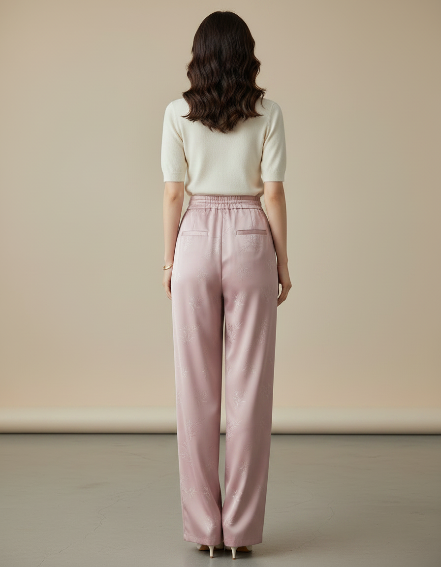 Pantalon Chinois Rose Satiné Jacquard Ample Décontracté Fluide - vue 2
