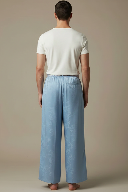 Pantalon Chinois Bleu Ciel Jacquard Ample Fluide - Satin - vue 2