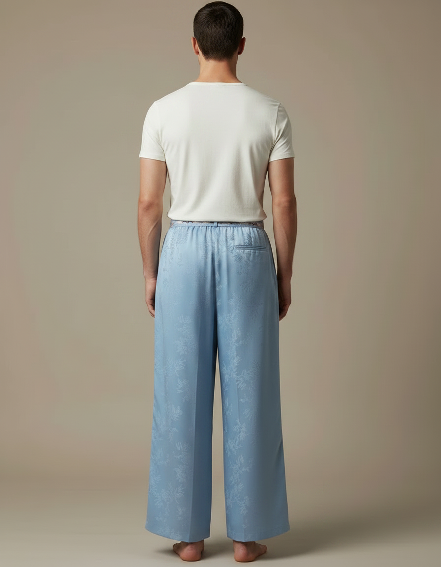 Pantalon Chinois Bleu Ciel Jacquard Ample Fluide - Satin - vue 2