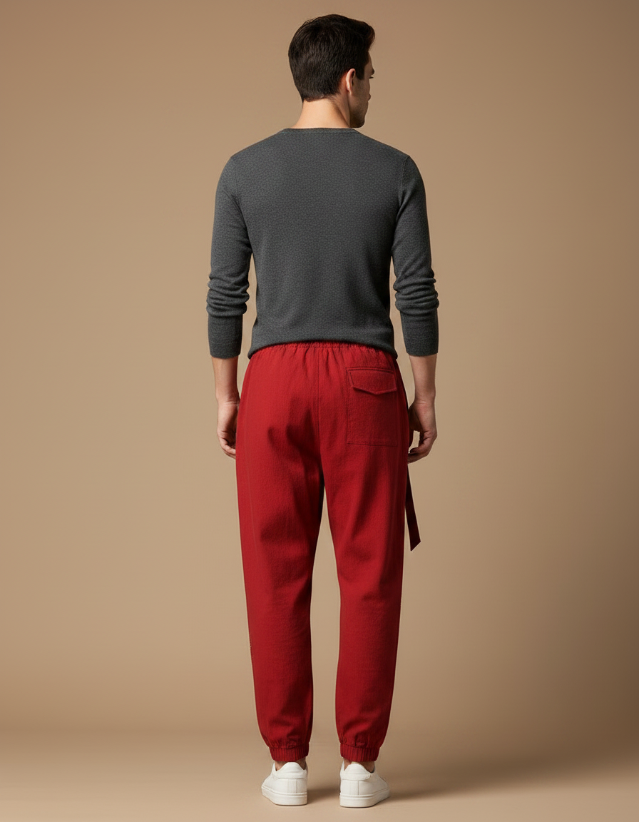 Pantalon Chinois Rouge Brodé Nuages Harem Coton - vue 2