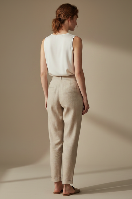 Pantalon Chinois Beige Lin Ample Taille Haute - vue 2