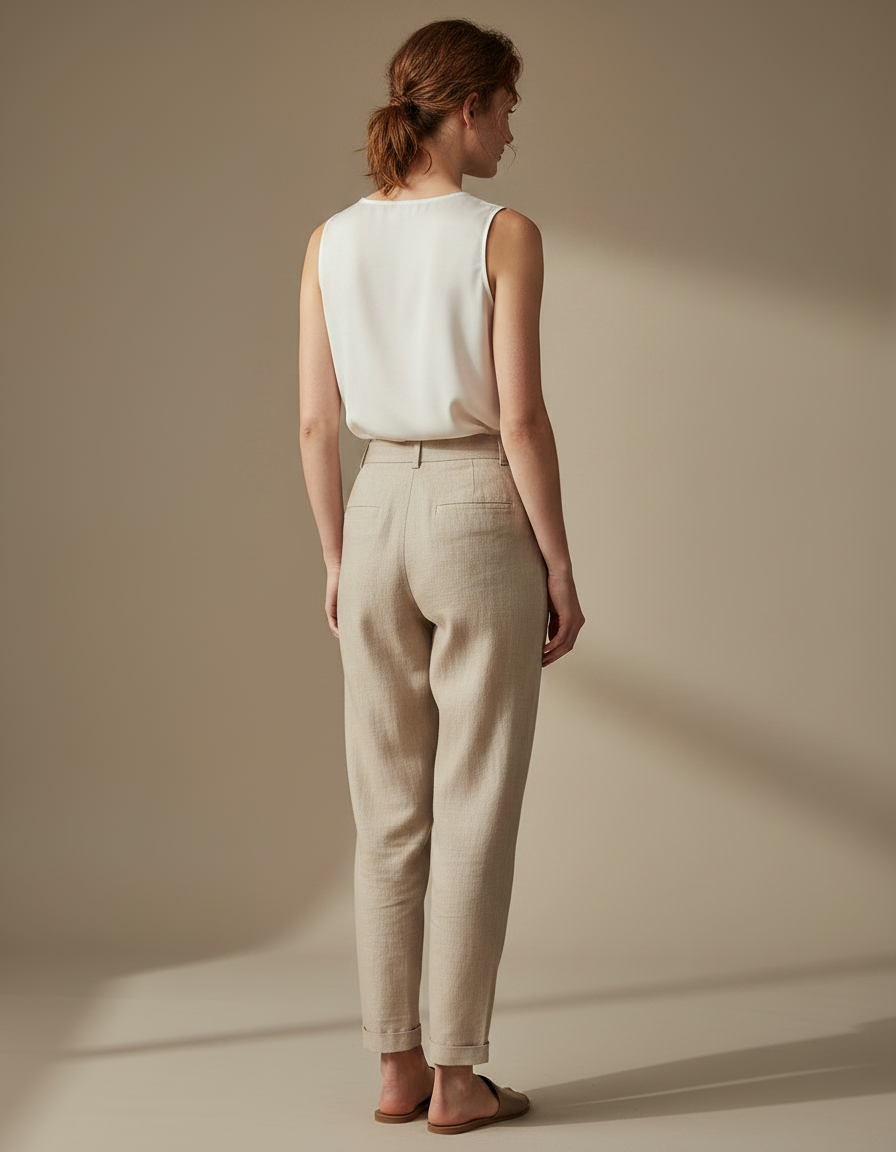Pantalon Chinois Beige Lin Ample Taille Haute - vue 2