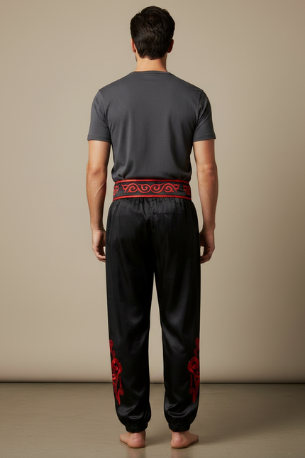 Pantalon Chinois Noir Satiné Dragon Brodé Rouge Homme - vue 2