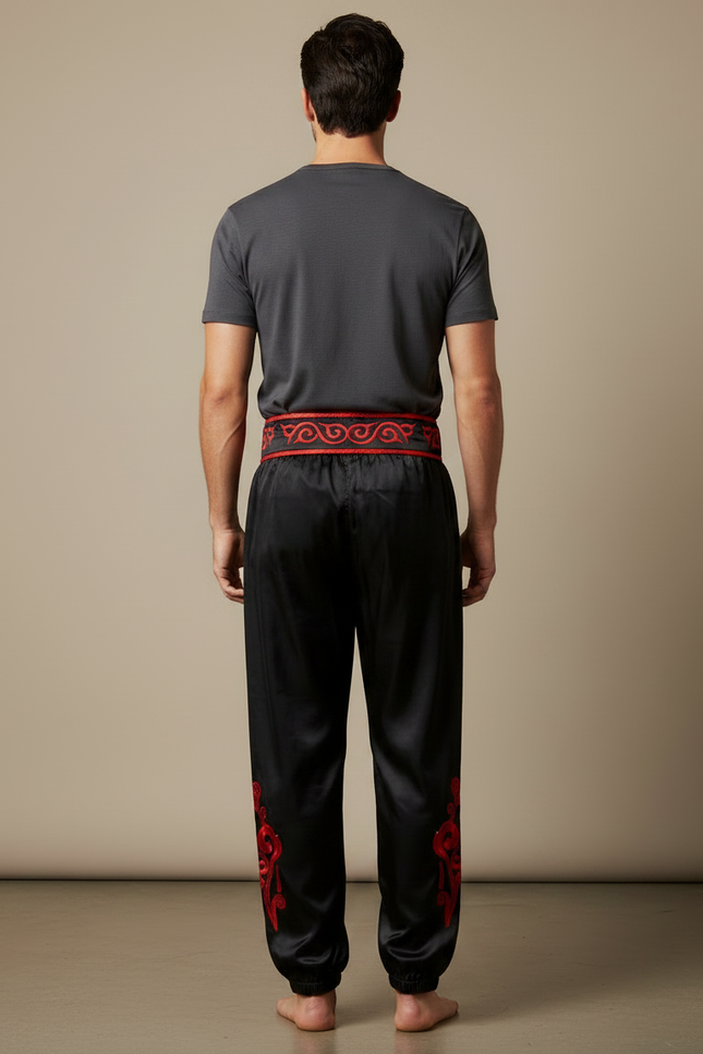 Pantalon Chinois Noir Satiné Dragon Brodé Rouge Homme - vue 2