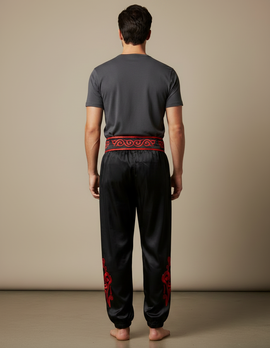 Pantalon Chinois Noir Satiné Dragon Brodé Rouge Homme - vue 2