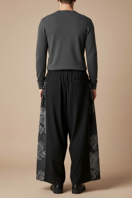 Pantalon Chinois Noir Ample Brodé Style Japonais - Viscose - vue 2