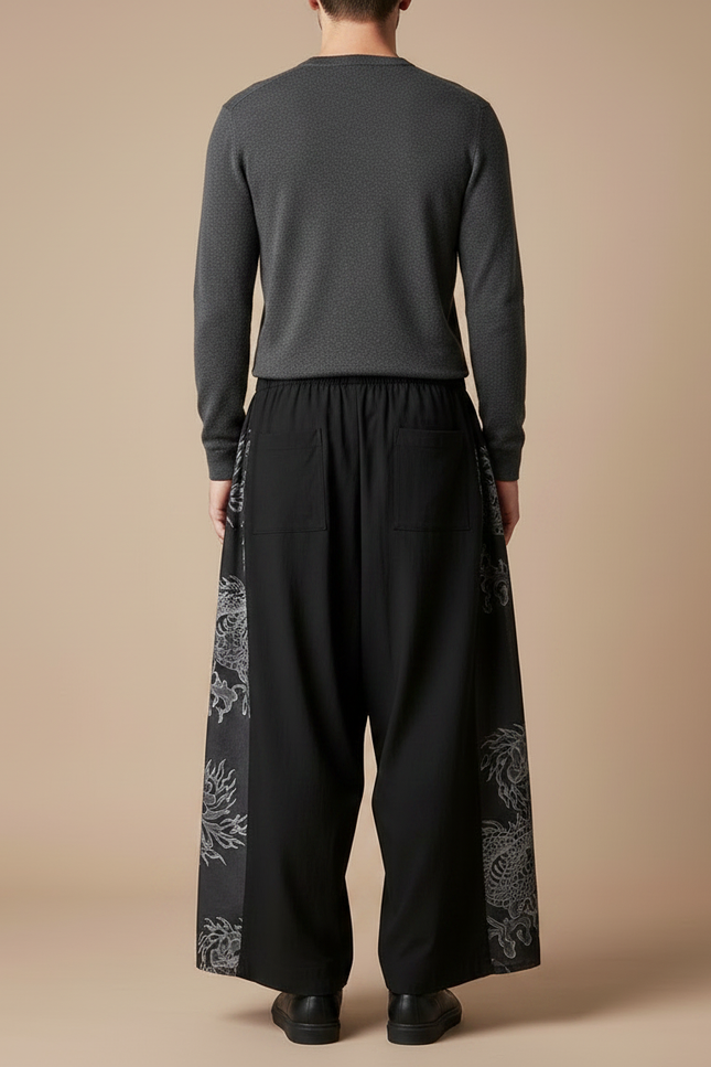 Pantalon Chinois Noir Ample Brodé Style Japonais - Viscose - vue 2
