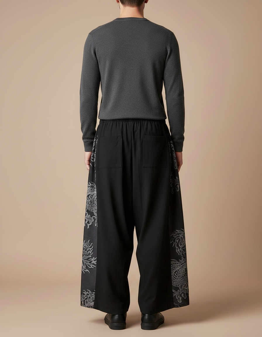 Pantalon Chinois Noir Ample Brodé Style Japonais - Viscose - vue 2