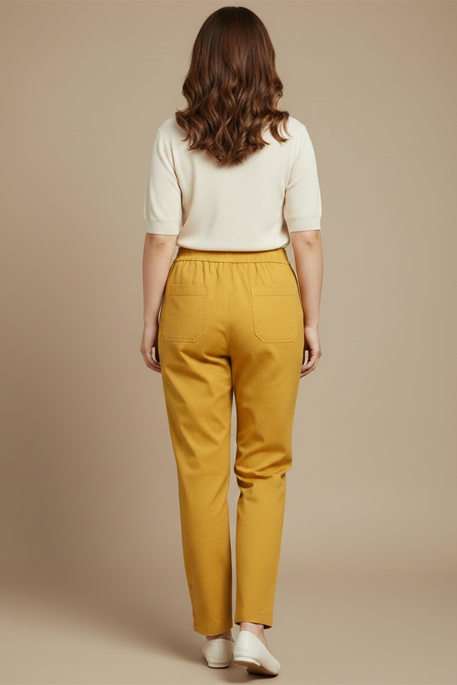 Pantalon Chinois Jaune Coton Lin Taille Haute Décontracté - vue 2