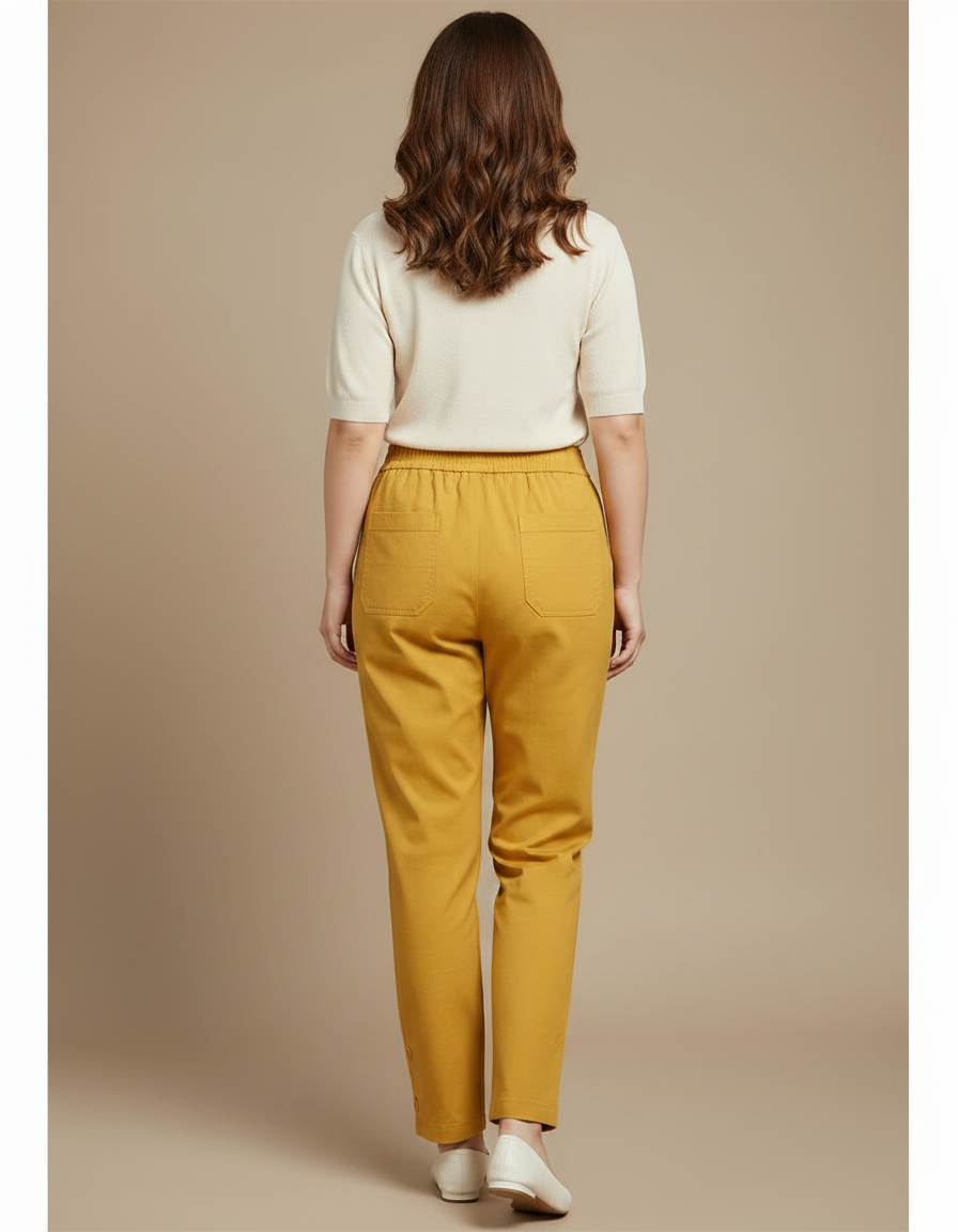 Pantalon Chinois Jaune Coton Lin Taille Haute Décontracté - vue 2