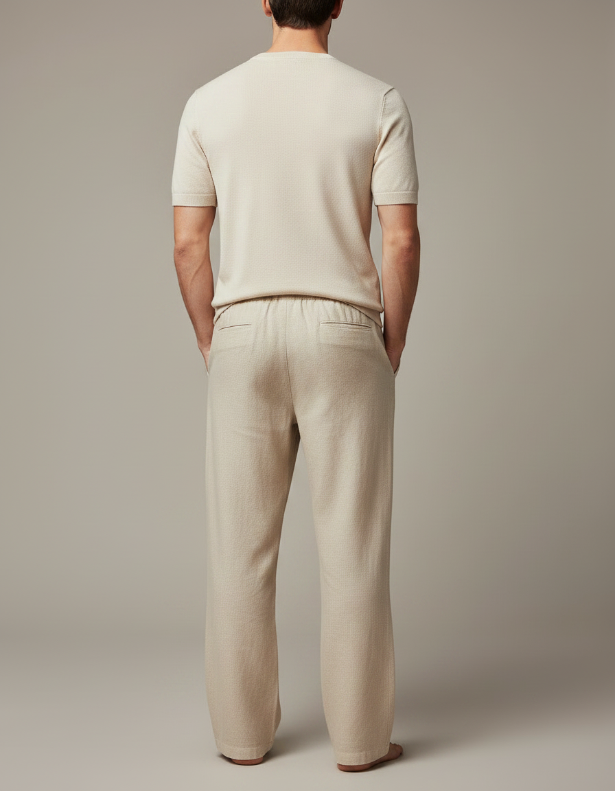 Pantalon Chinois Lin Coton Beige Ample Décontracté Homme - vue 2
