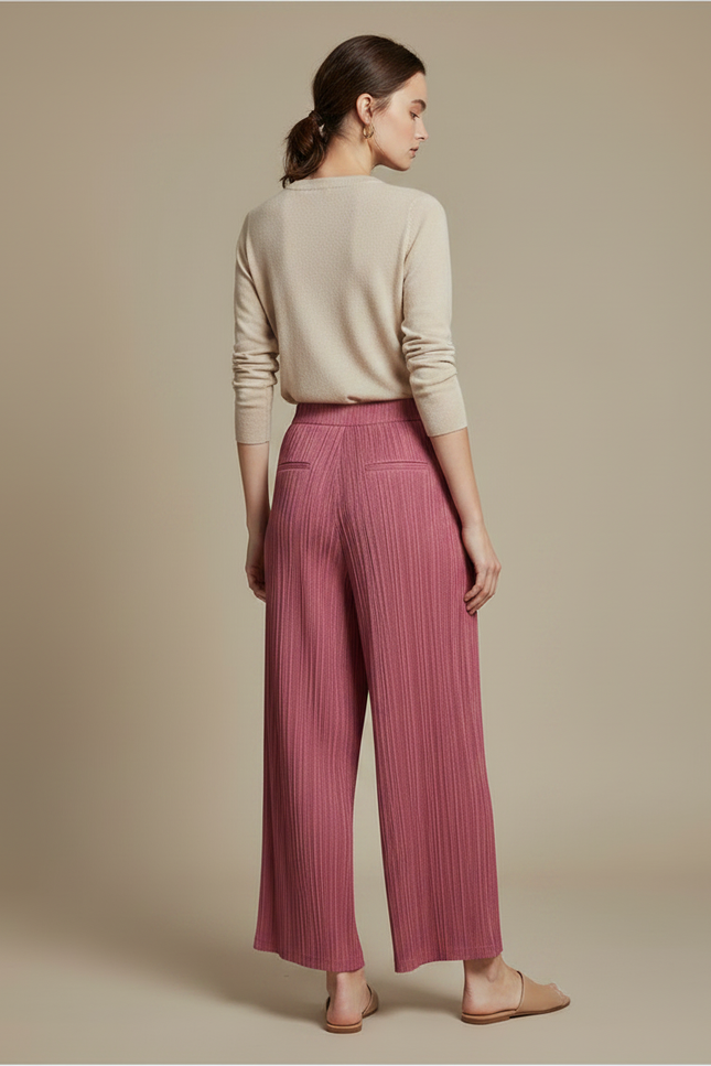 Pantalon Chinois Rose Plissé Ample Fluide Élégant - Polyester - vue 2