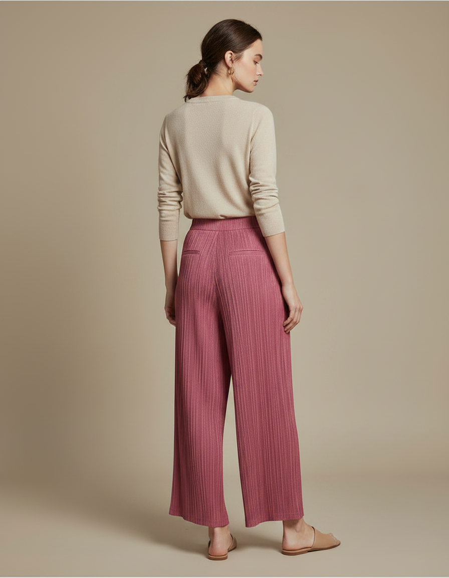 Pantalon Chinois Rose Plissé Ample Fluide Élégant - Polyester - vue 2