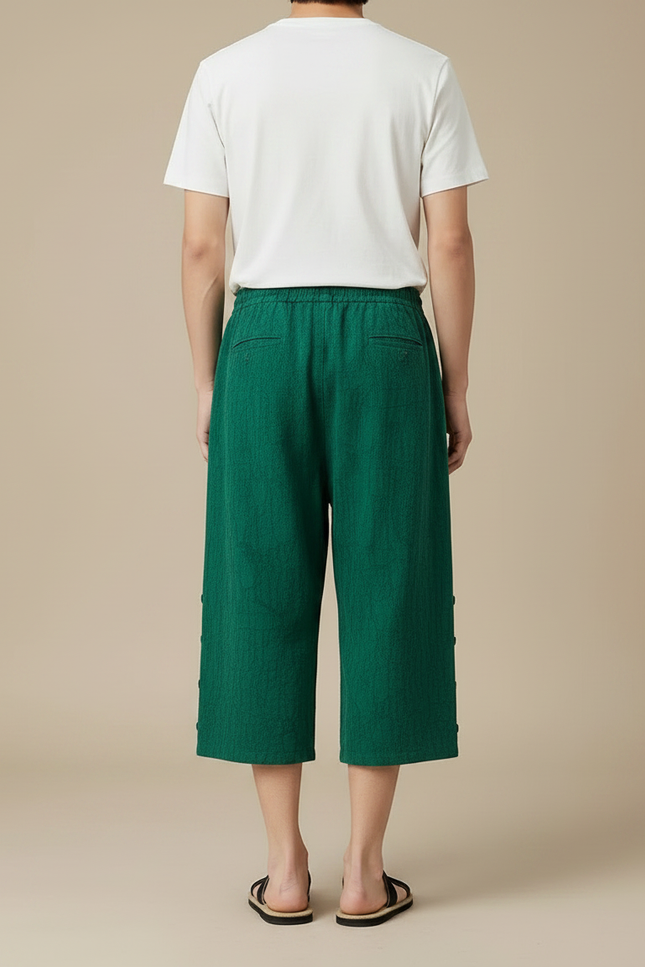 Pantalon Chinois Vert Ample Lin Froissé Décontracté - vue 2