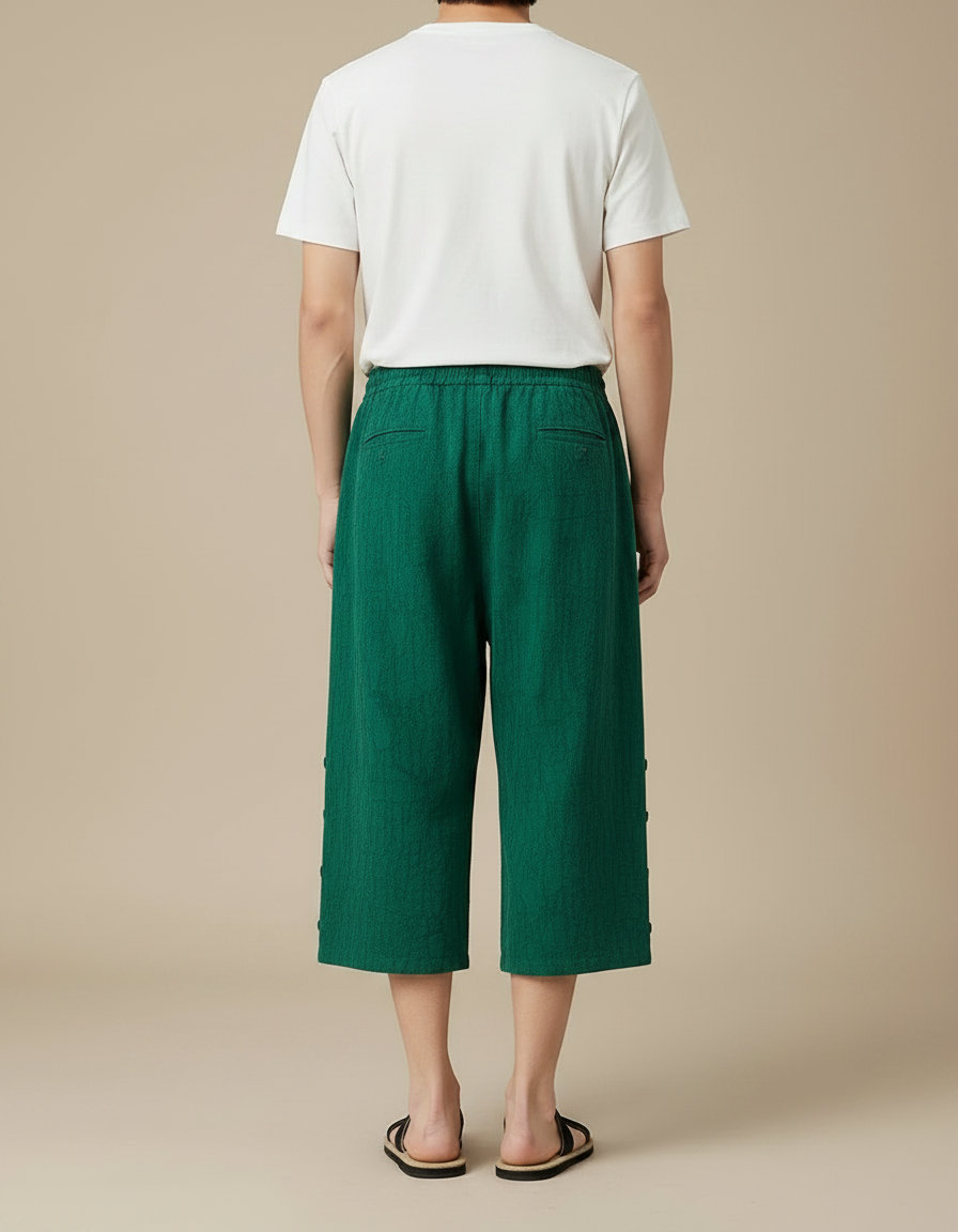 Pantalon Chinois Vert Ample Lin Froissé Décontracté - vue 2