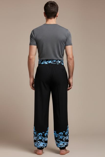 Pantalon Chinois Noir Ample Motifs Vagues Bleues - Polyester - vue 2