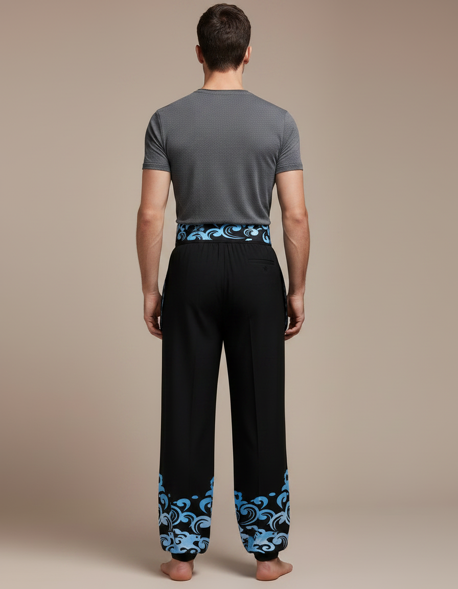 Pantalon Chinois Noir Ample Motifs Vagues Bleues - Polyester - vue 2