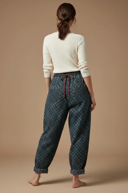Pantalon Chinois Carreaux Denim Ample Vintage Harem - Bleu Jean - vue 2