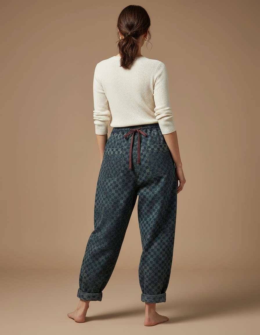 Pantalon Chinois Carreaux Denim Ample Vintage Harem - Bleu Jean - vue 2