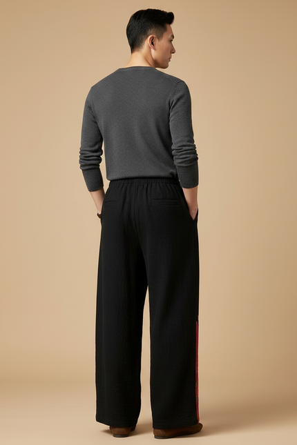 Pantalon Chinois Noir Brodé Ample Ethnique Coton - vue 2