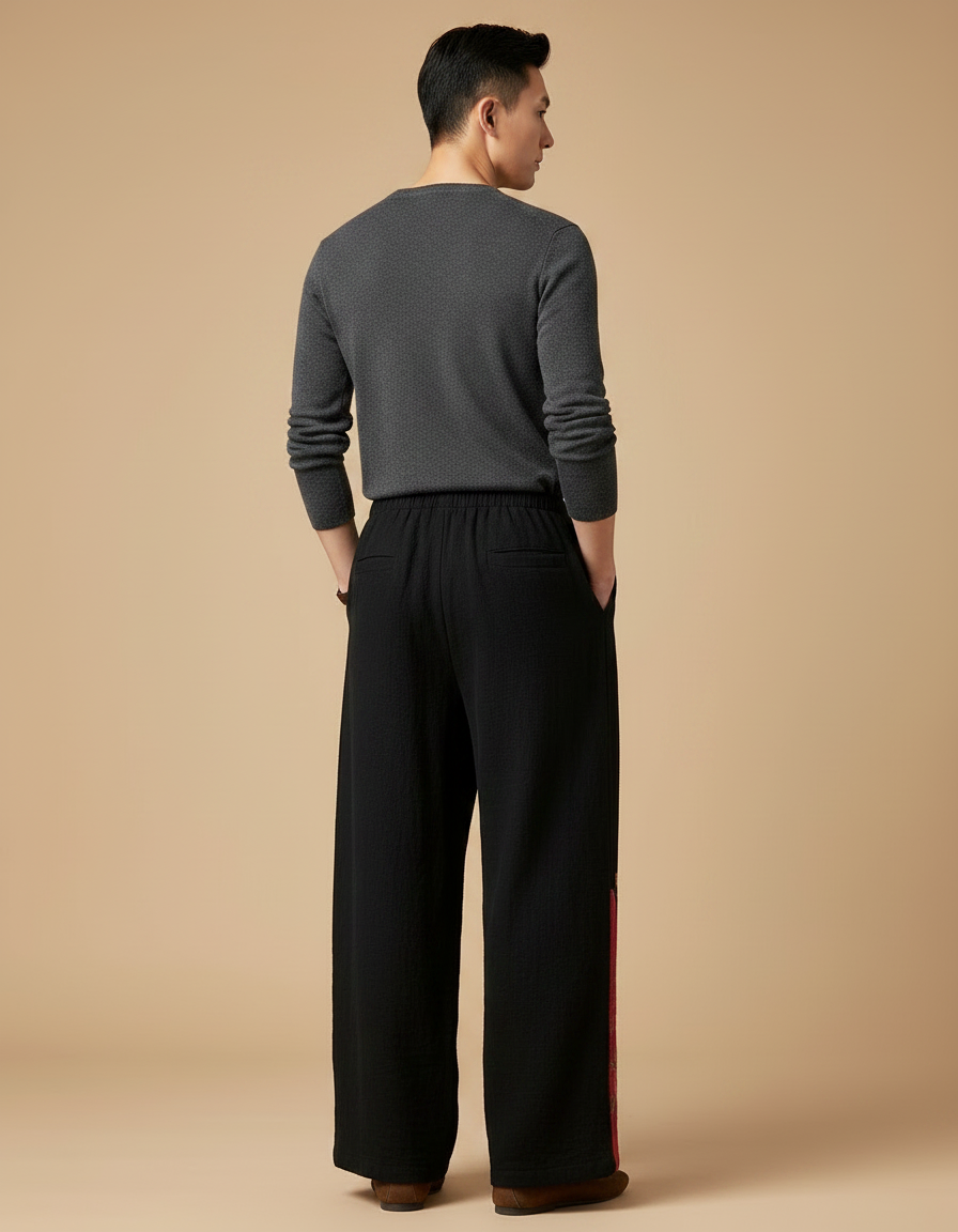Pantalon Chinois Noir Brodé Ample Ethnique Coton - vue 2