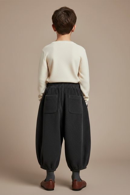 Pantalon Chinois Côtelé Ample Noir Enfant Rétro - Cordé - vue 2