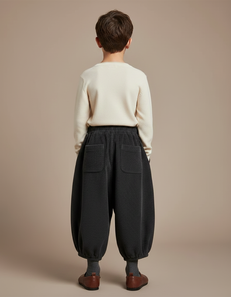 Pantalon Chinois Côtelé Ample Noir Enfant Rétro - Cordé - vue 2