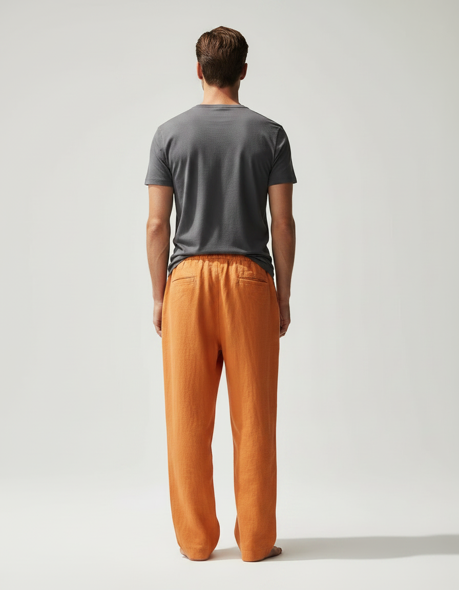 Pantalon Chinois Lin Orange Ample Décontracté Homme - vue 2