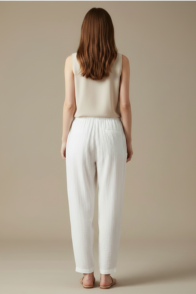 Pantalon Chinois Blanc Ample Texturé Décontracté Coton Lin - vue 2