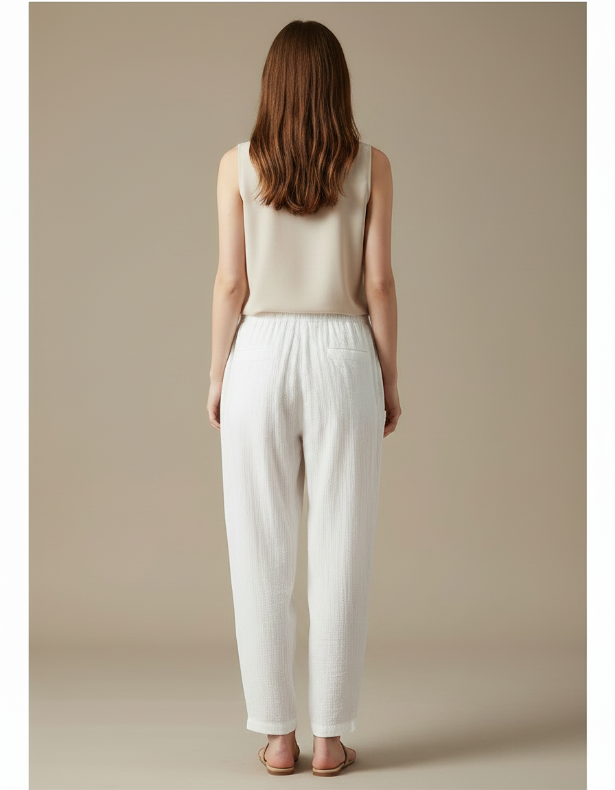 Pantalon Chinois Blanc Ample Texturé Décontracté Coton Lin - vue 2
