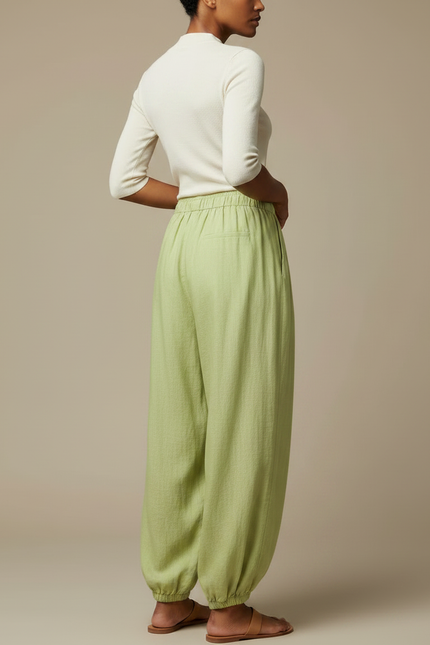 Pantalon Chinois Vert Ample Coton Lin Fluide - vue 2