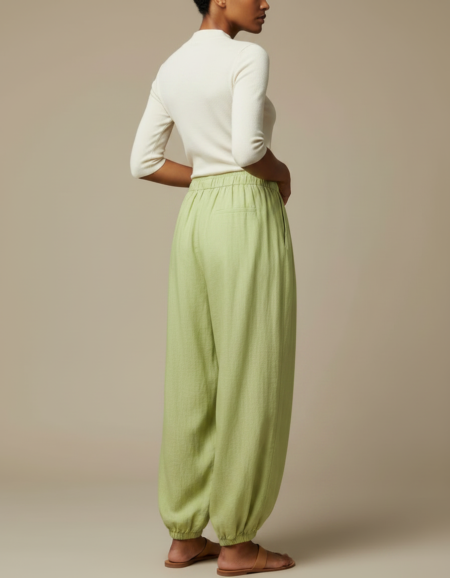 Pantalon Chinois Vert Ample Coton Lin Fluide - vue 2