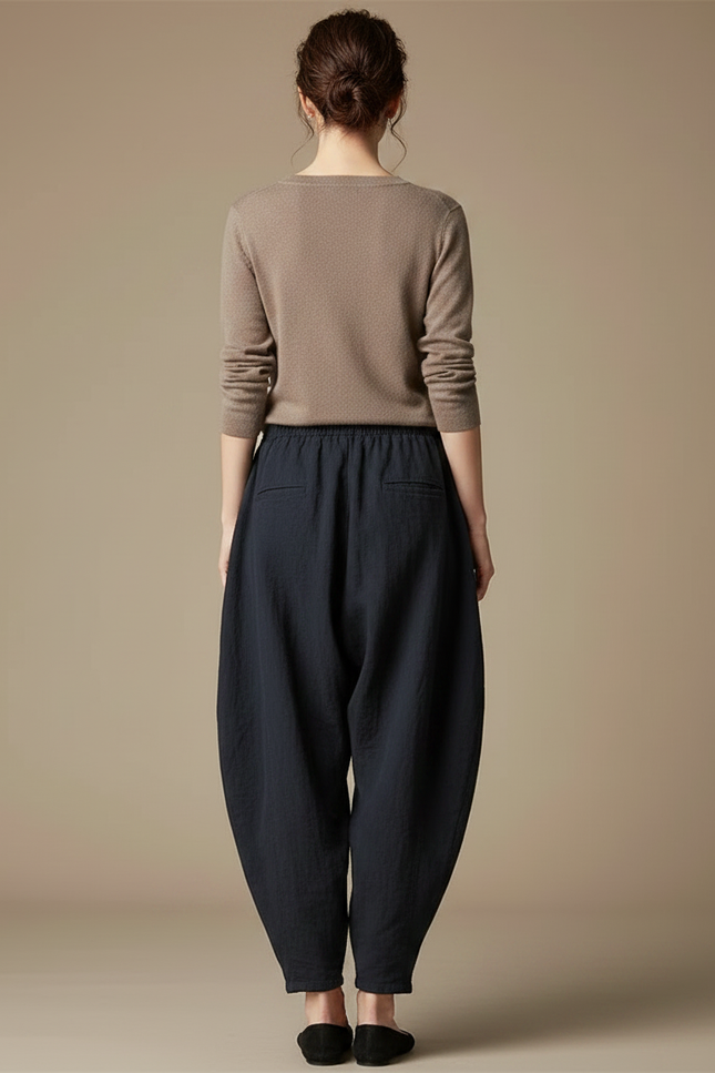 Pantalon Chinois Femme Bleu Marine Sarouel - Lin - vue 2