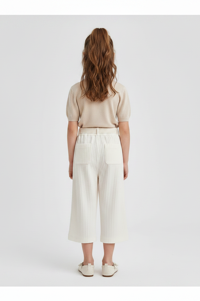 Pantalon Chinois Crème Côtelé Ample Décontracté Fille - Beige Cordé - vue 2