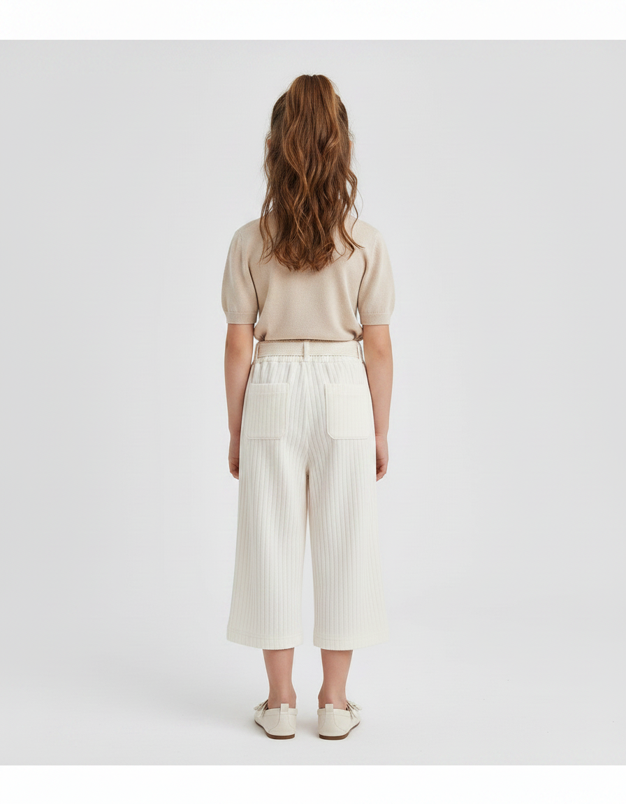 Pantalon Chinois Crème Côtelé Ample Décontracté Fille - Beige Cordé - vue 2