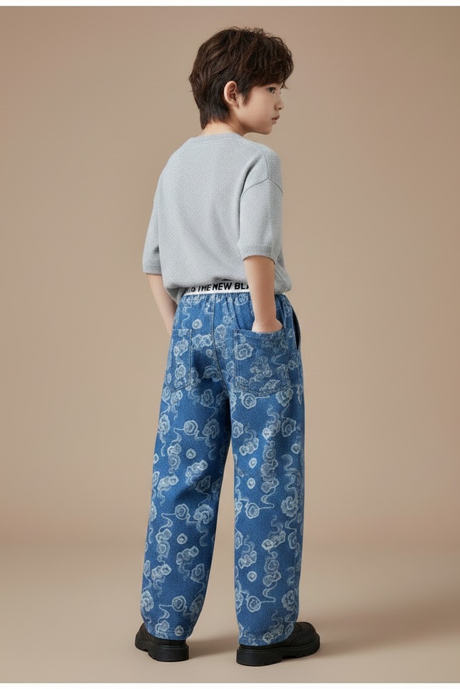 Pantalon Chinois Denim Ample Nuages Imprimés Décontracté Garçon - Bleu Jean - vue 2