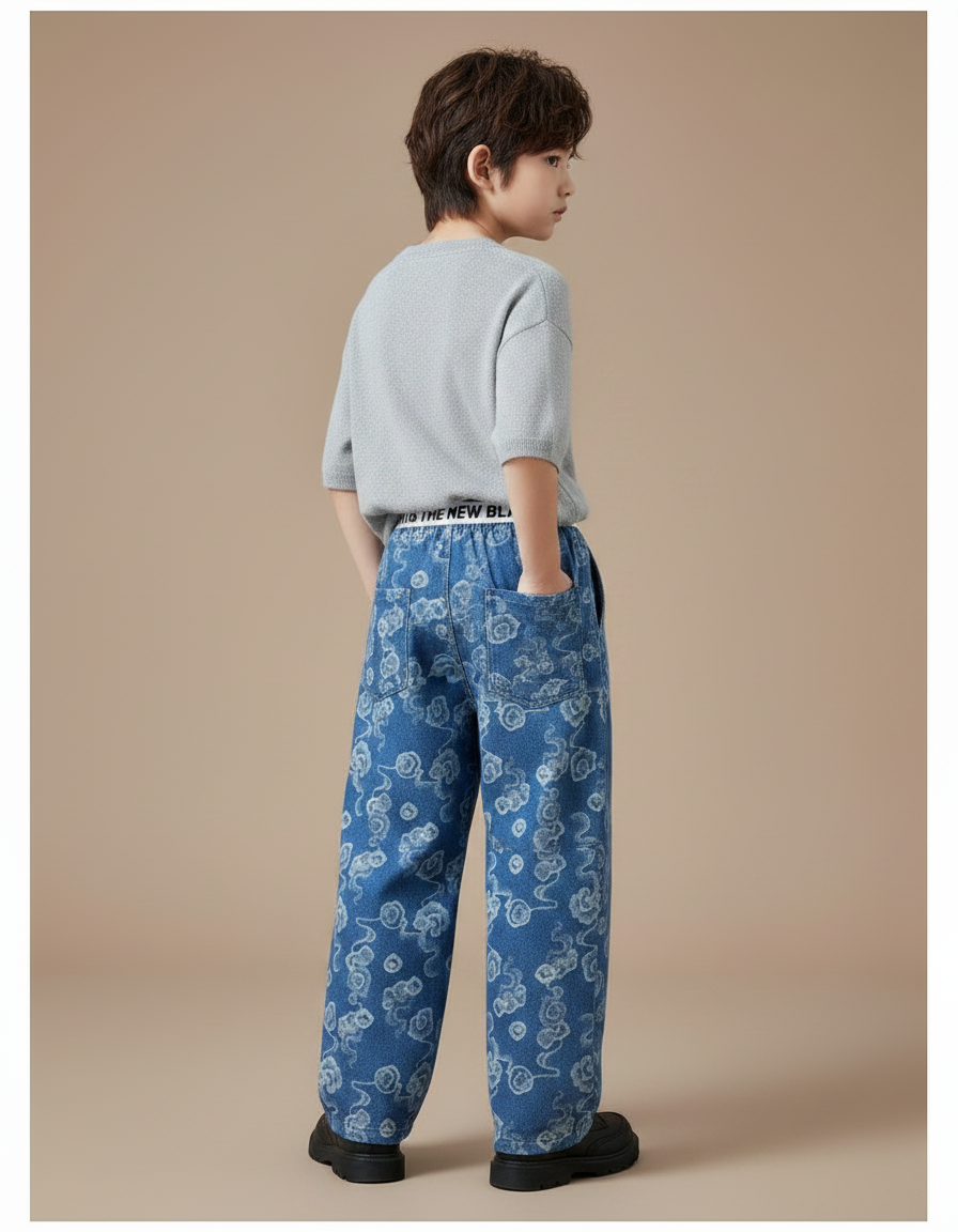 Pantalon Chinois Denim Ample Nuages Imprimés Décontracté Garçon - Bleu Jean - vue 2
