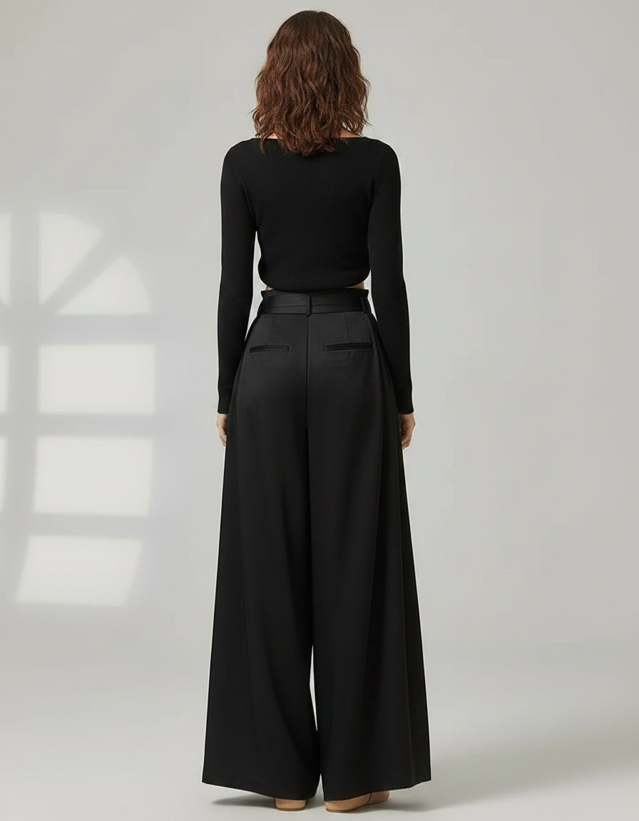 Pantalon Chinois Noir Ample Satiné Fluide Élégant - vue 2