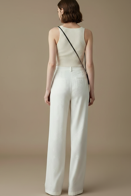Pantalon Chinois Blanc Satin Brodé Ample Élégant - vue 2