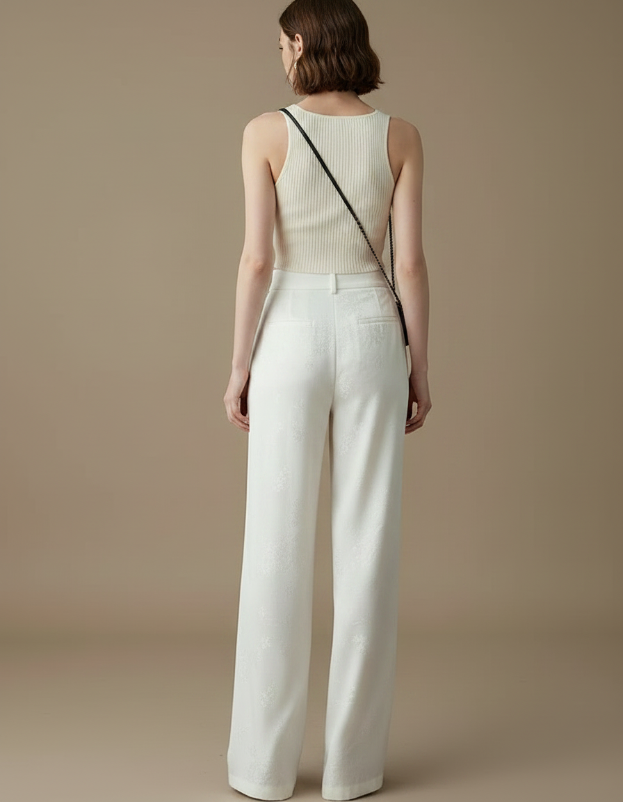 Pantalon Chinois Blanc Satin Brodé Ample Élégant - vue 2