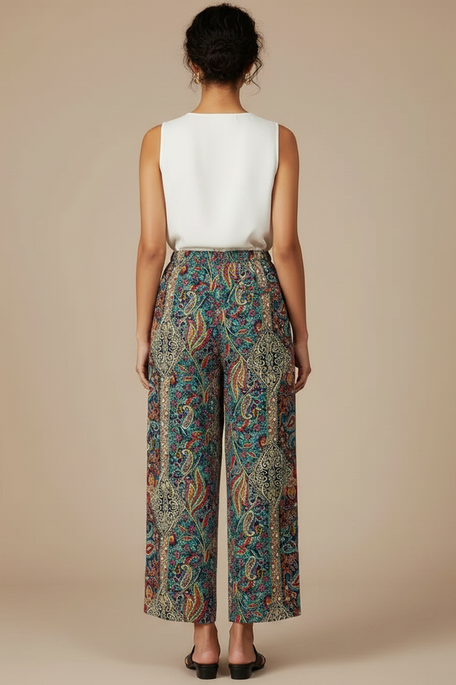 Pantalon Chinois Imprimé Paisley Fluide Cordon Ample Élégant - Multicolore Viscose - vue 2