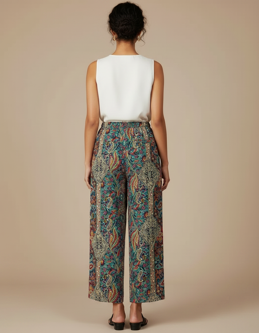 Pantalon Chinois Imprimé Paisley Fluide Cordon Ample Élégant - Multicolore Viscose - vue 2