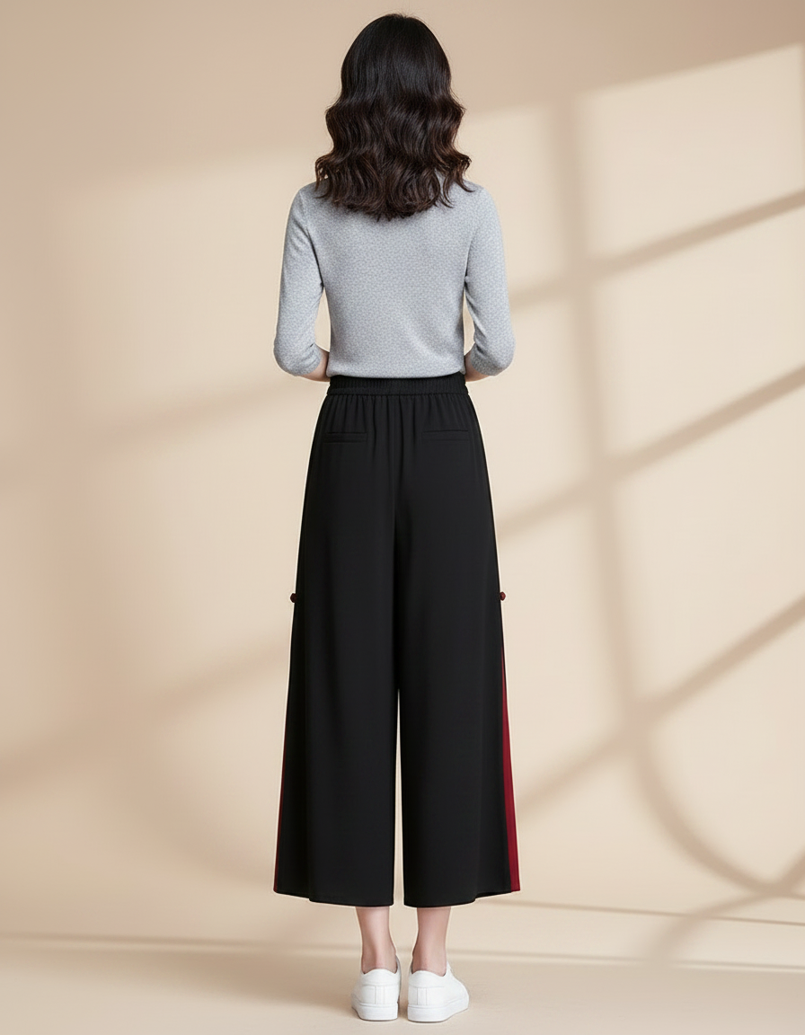 Pantalon Chinois Noir Ample Fendu Ethnique Femme - Polyester - vue 2