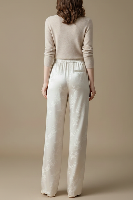 Pantalon Chinois Satin Jacquard Ample Écru Fluide Élégant - Beige - vue 2