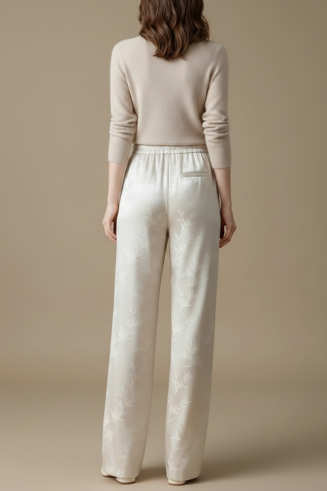 Pantalon Chinois Satin Jacquard Ample Écru Fluide Élégant - Beige - vue 2