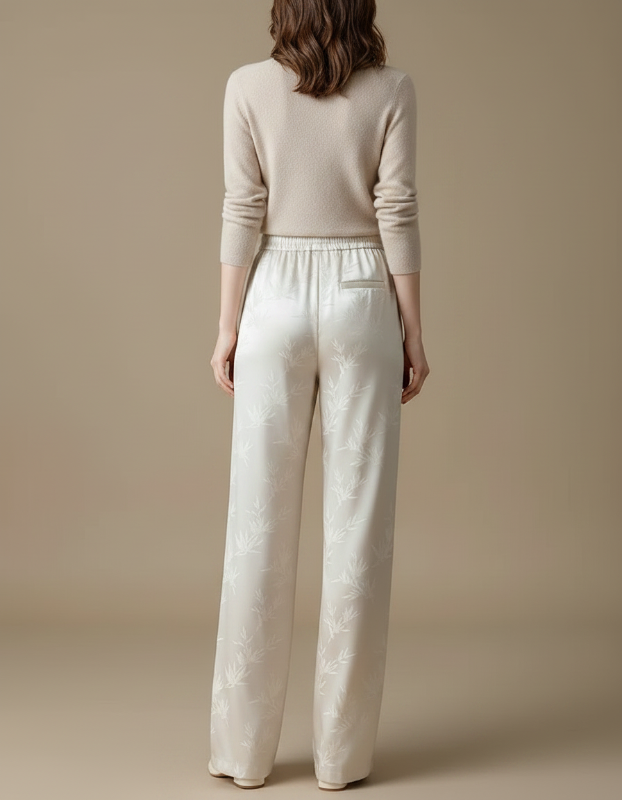 Pantalon Chinois Satin Jacquard Ample Écru Fluide Élégant - Beige - vue 2