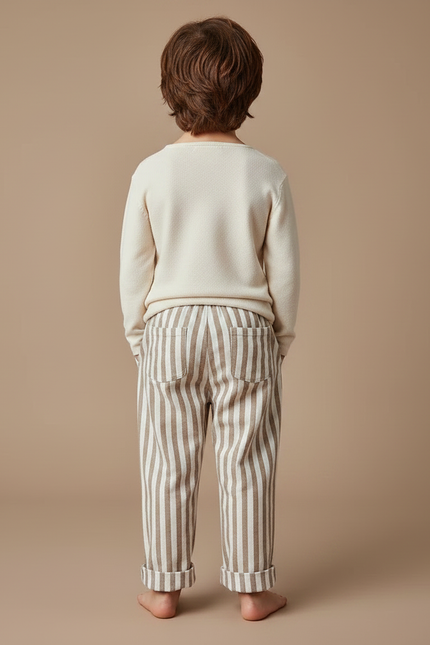 Pantalon Chinois Rayé Vertical Ample Coton Enfant - Marron Molleton - vue 2