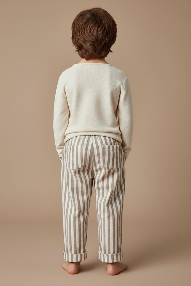 Pantalon Chinois Rayé Vertical Ample Coton Enfant - Marron Molleton - vue 2