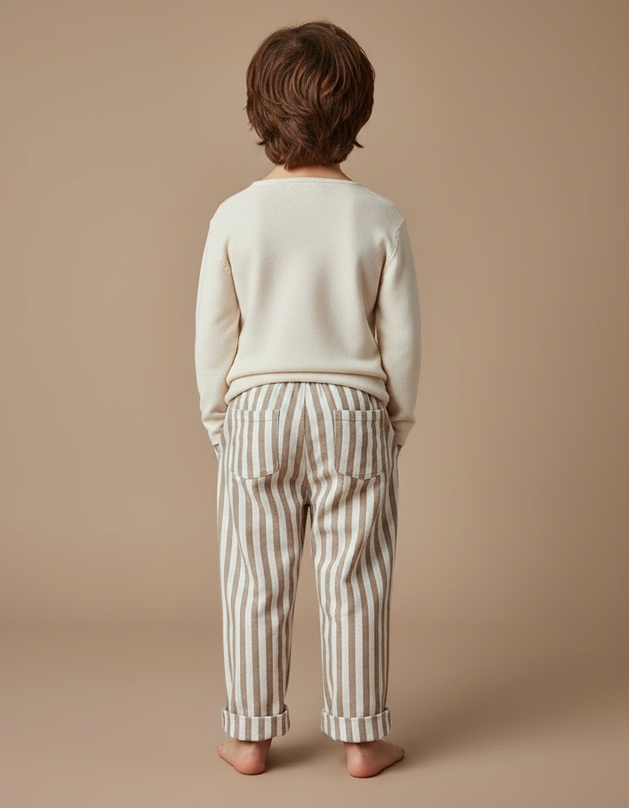 Pantalon Chinois Rayé Vertical Ample Coton Enfant - Marron Molleton - vue 2